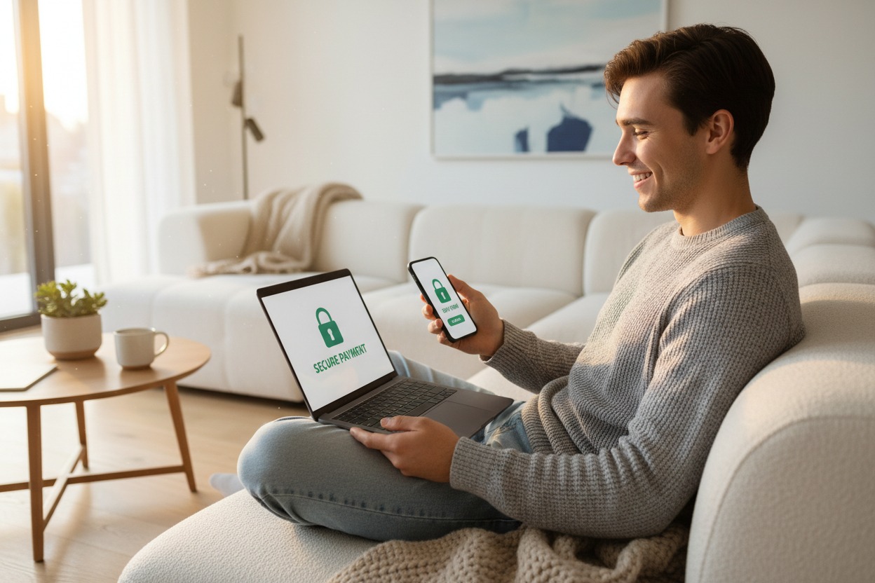 A smiling man sits on a sofa using a laptop and smartphone that both display a secure payment icon.