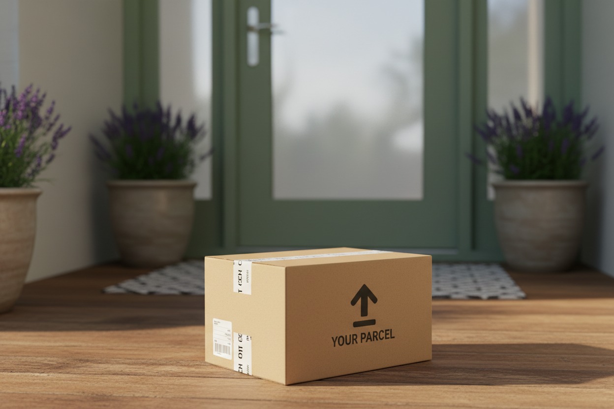 A cardboard parcel sits on a wooden porch in front of a green front door with potted lavender plants on either side.