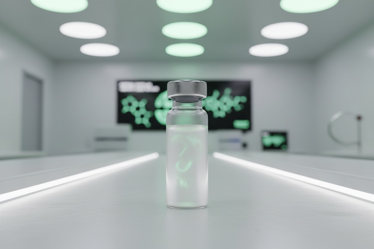 A glass medical vial containing a glowing green substance sits on a white laboratory table in front of a digital screen displaying molecular structures.